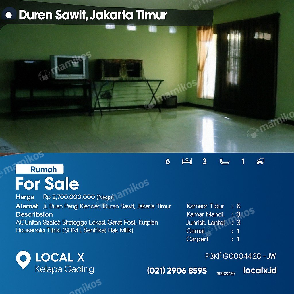 Rumah Sertifikat SHM 6 Kamar Tidur 3 Kamar Mandi Duren Sawit Jakarta Timur - Photo 2